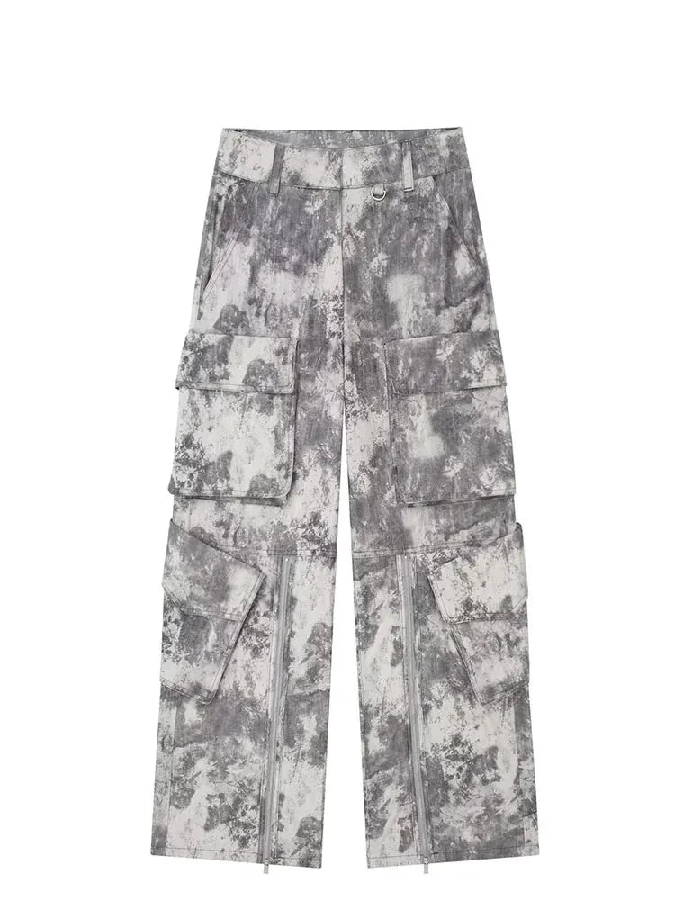 Grey Print With Pocket Cargo Pants - Divawearfashion