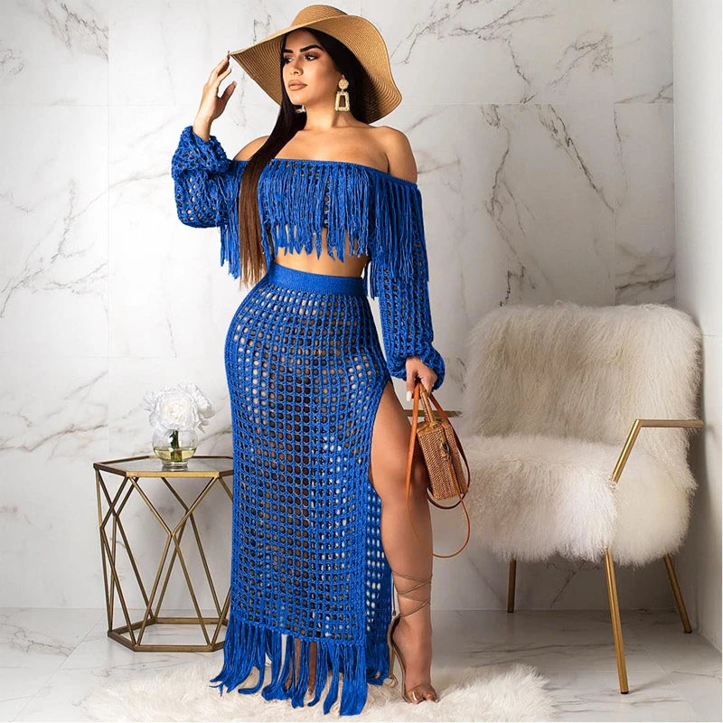 Tassel Off Shoulder Hollow Out Maxi Summer Beach Dress - Divawearfashion