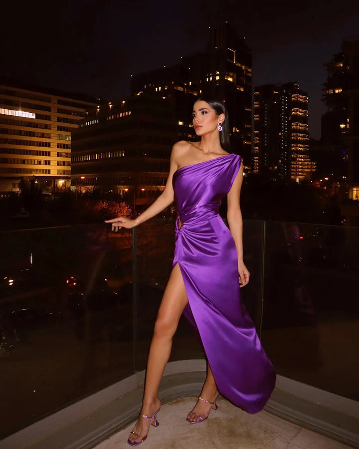 Purple One Shoulder Draped Sequin Cutout High Slit Long Dress