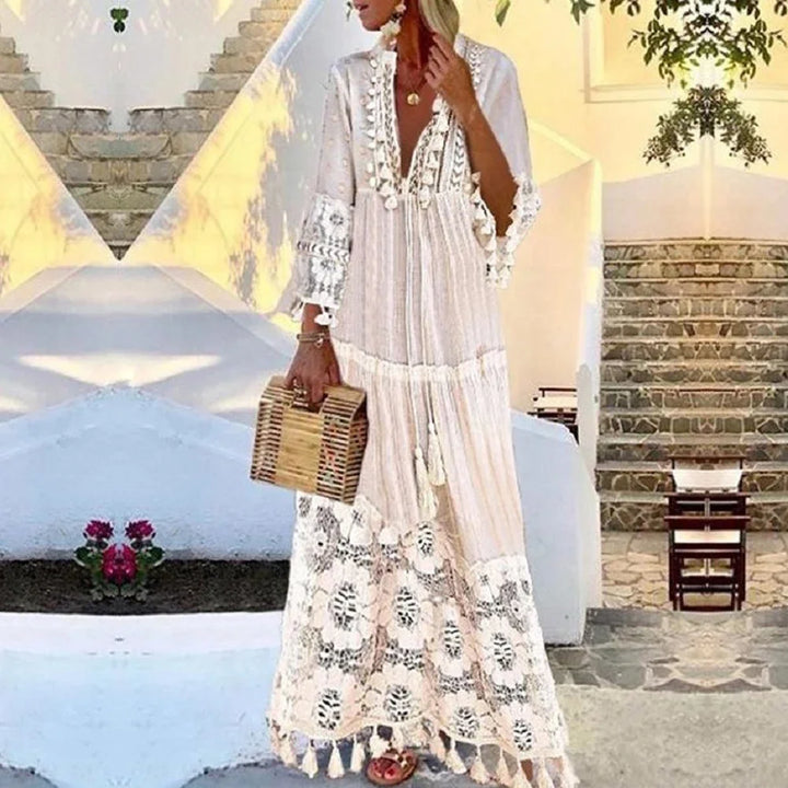 Tassel Sexy V-Neck Boho Long Dress - Divawearfashion