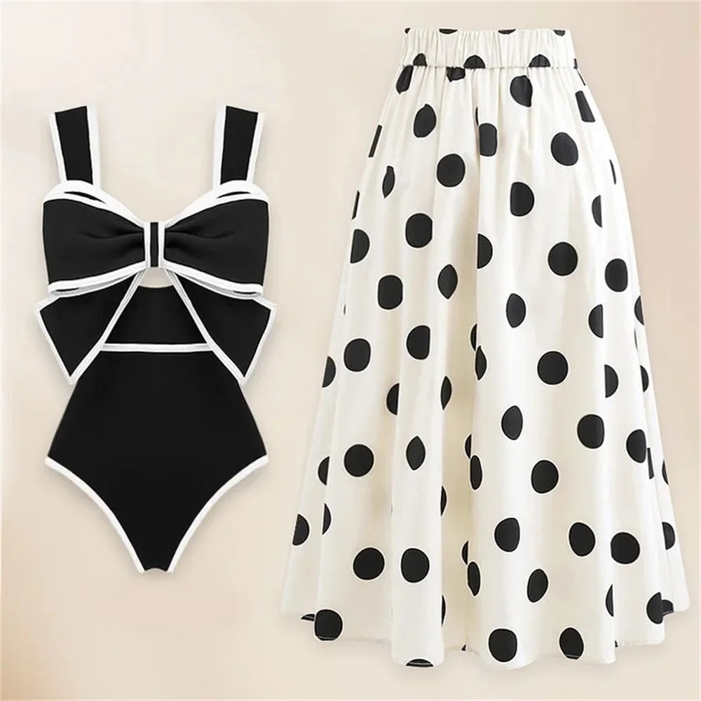 Bow Tie Black & White Retro One Piece Swimsuit with Skirt - Divawearfashion