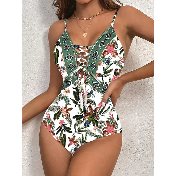 Deep V Neck One Piece Swimsuit  - Divawearfashion