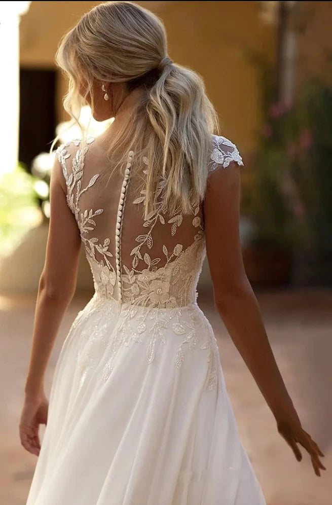 Lace/Chiffon O-Neck Illusion Back Side Split Applique Bridal Gown - Divawearfashion