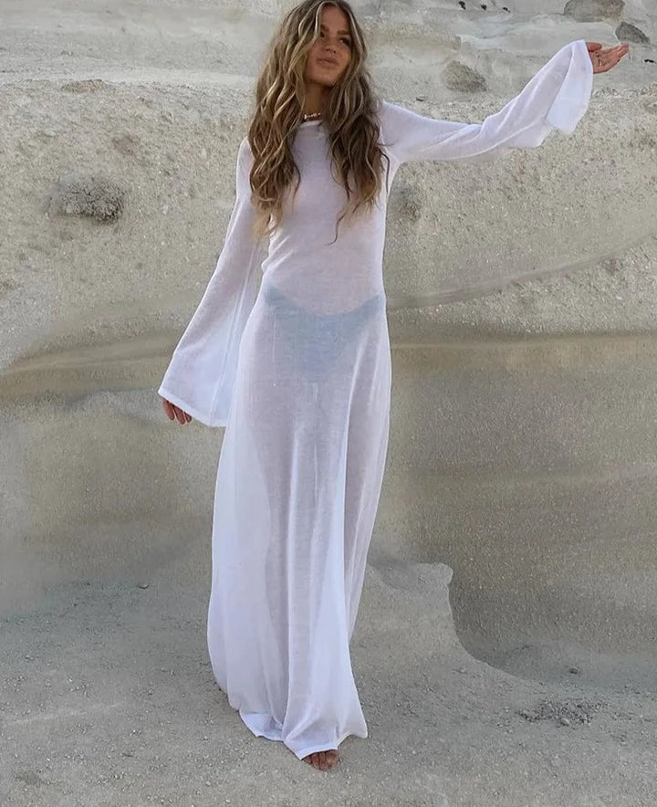 Maxi Long Sleeve Backless See Through Mesh Beach Wear Dress - Divawearfashion