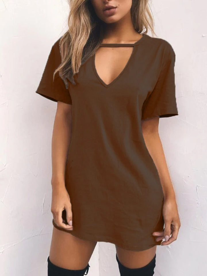 Deep V Neck Cut Out Loose Short Sleeve Mini Dress - Divawearfashion