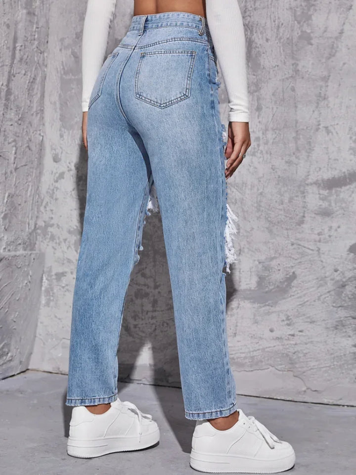 Hole Washing High Waist Jeans - Divawearfashion