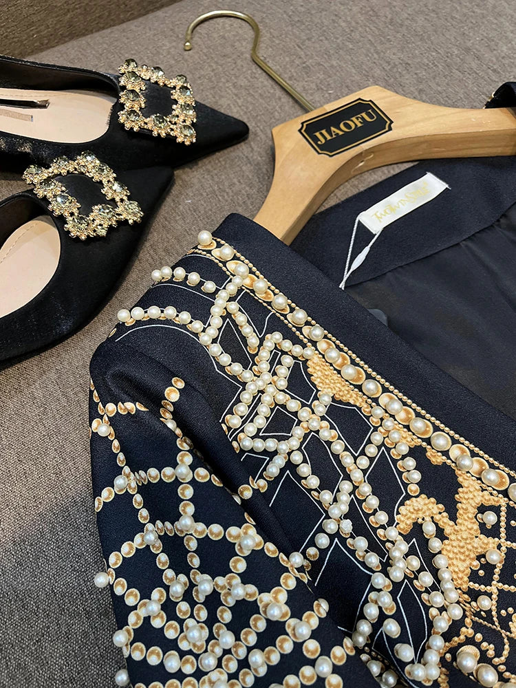 Luxury Beads Coat Retro Printed V-Neckline Blazer Dress - Divawearfashion