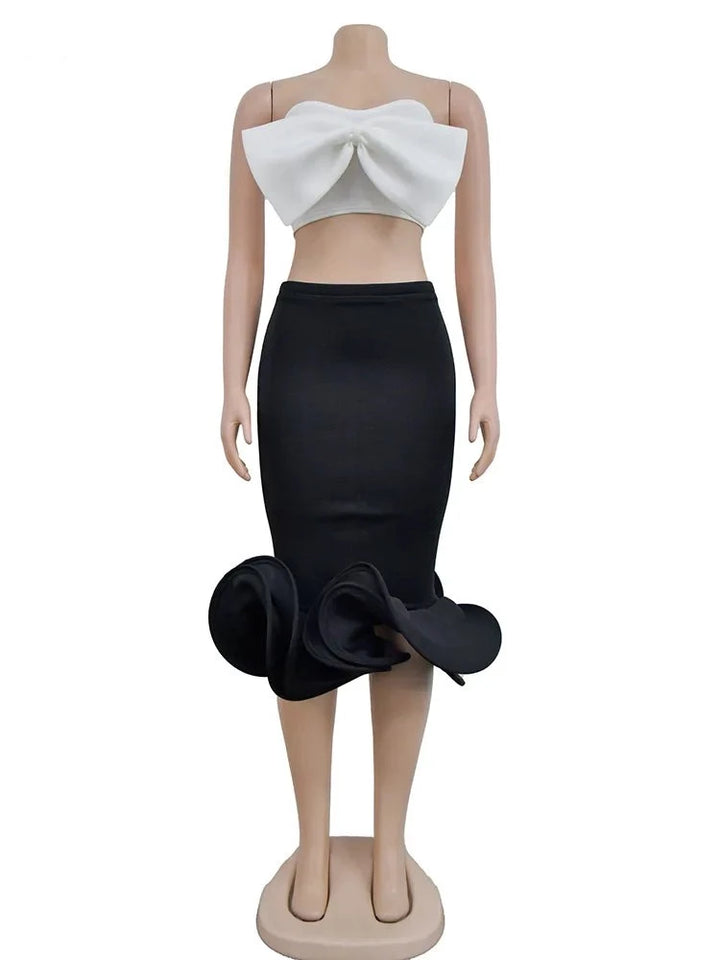 Big Bow Crop Top and Midi Skirt Bodycon Dress Set - Divawearfashion