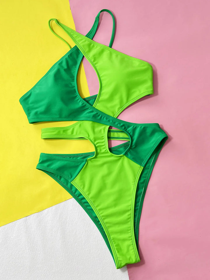 One Piece Green Contrast Hollow Out Swimwear - Divawearfashion