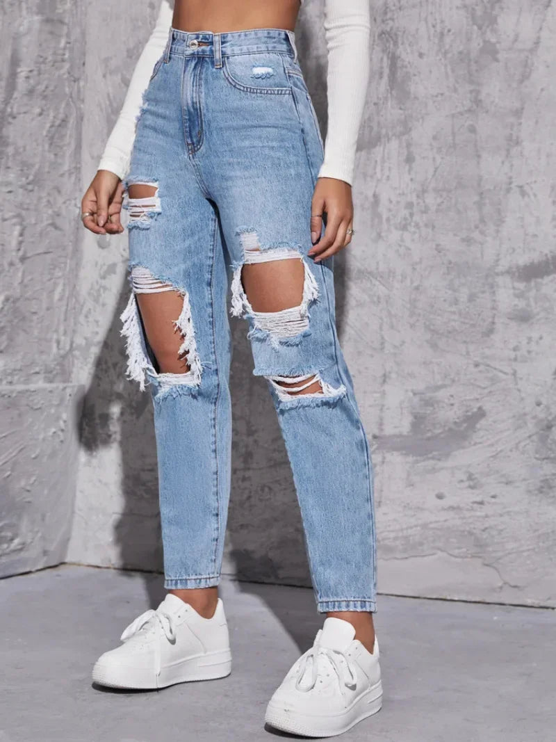 Hole Washing High Waist Jeans - Divawearfashion