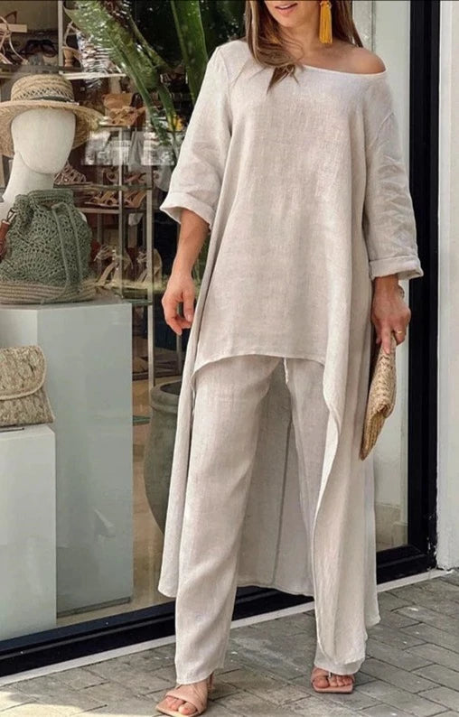 2 PC Sets Oversized Cotton Linen Blouse with Straight Pants - Divawearfashion