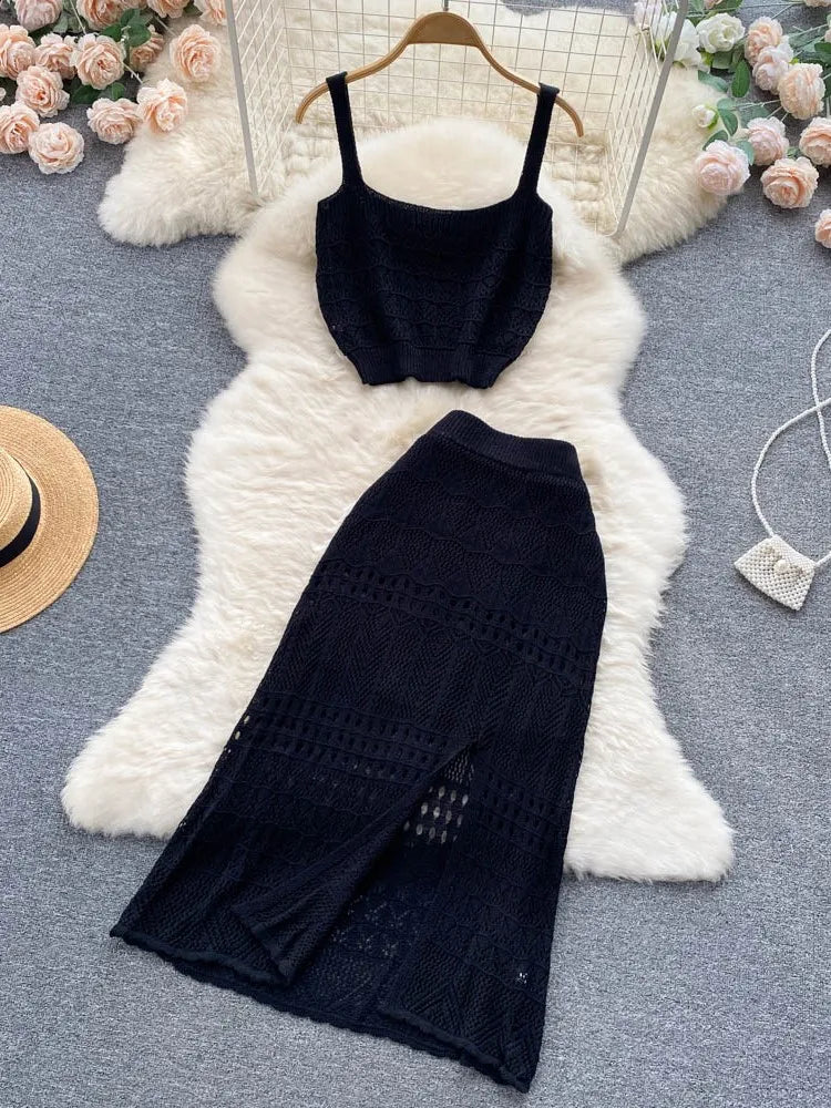 2 PC Casual Knitted Skirt  & Hollow Out Tank Top