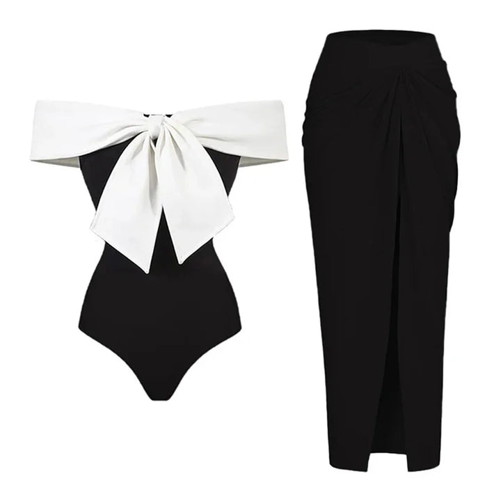 Bow Tie Black & White Retro One Piece Swimsuit with Skirt - Divawearfashion