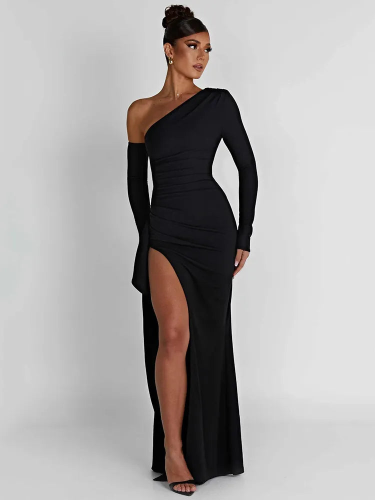 Oblique Shoulder Thigh High Split Maxi Bodycon Dress - Divawearfashion