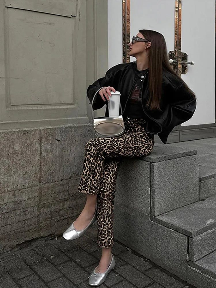 Leopard Print Pencil Jeans - Divawearfashion