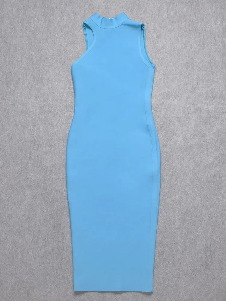 Blue Turtleneck Sleeveless Bodycon Maxi Sexy Dress - Divawearfashion
