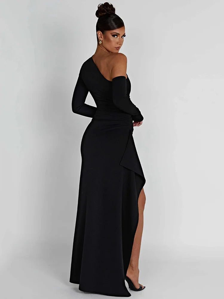 Oblique Shoulder Thigh High Split Maxi Bodycon Dress - Divawearfashion