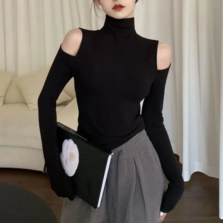 Turtleneck Off Shoulder Hollow-Out Long Sleeve T-Shirt - Divawearfashion