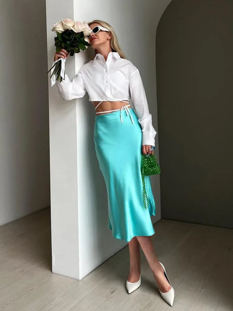 Satin Silk High Waisted Long Skirt - Divawearfashion