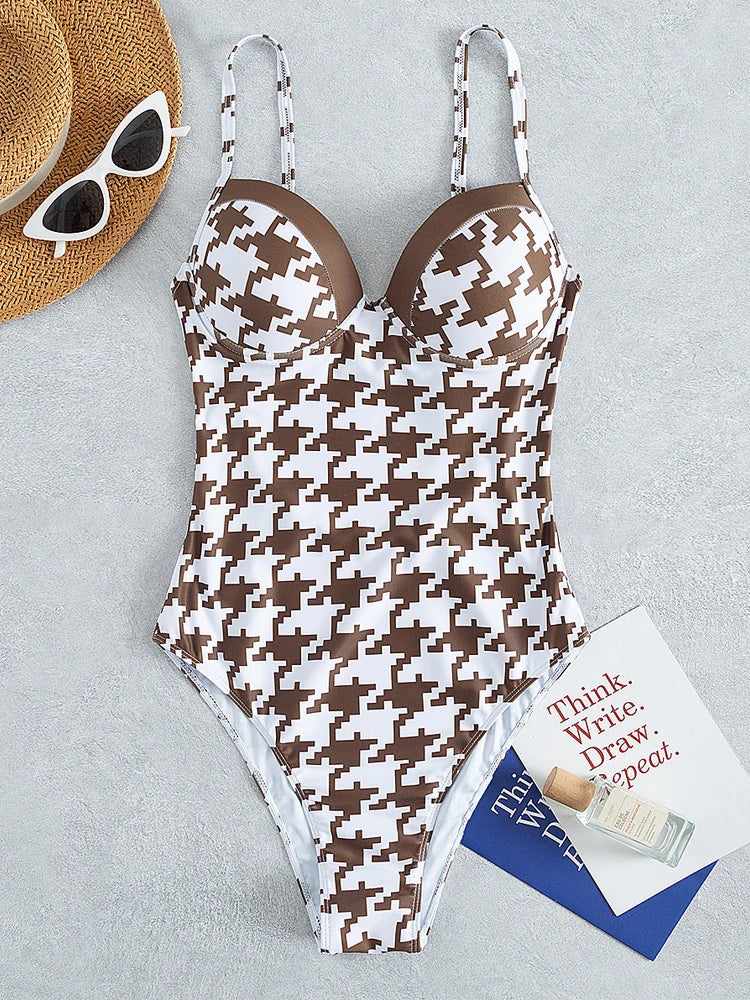 Print Strapped Push Up One Piece Swimsuit - Divawearfashion