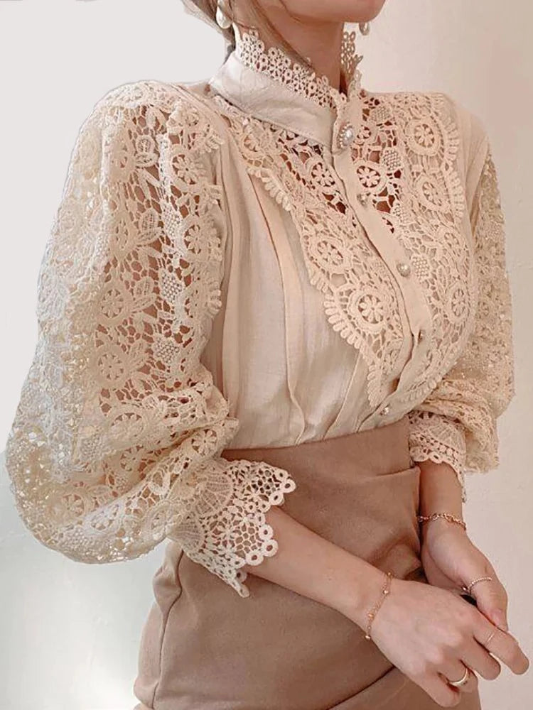 Chiffon Button Up Turtleneck Lace Shirt - Divawearfashion