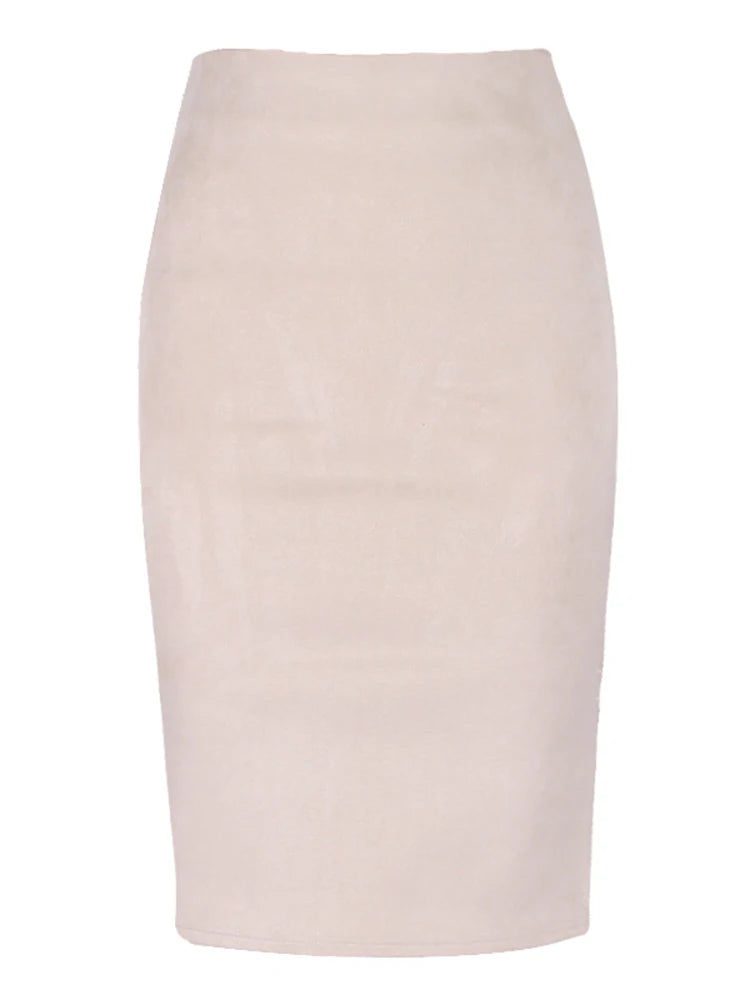 Suede Midi Pencil Skirt with Elastic High Waist - Divawearfashion