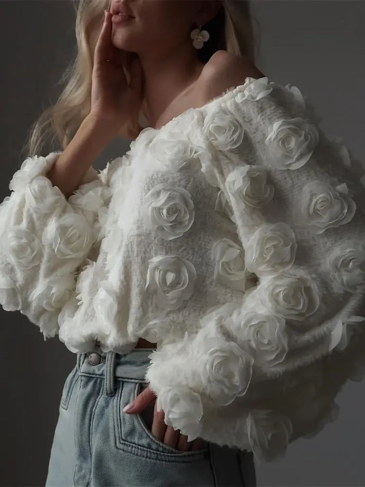 3D Flower Slash Neck off Shoulder Cropped Shirt - Divawearfashion