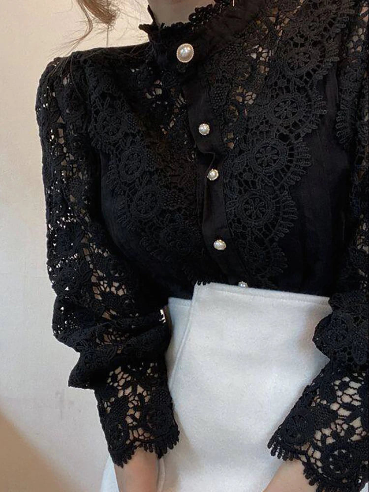 Chiffon Button Up Turtleneck Lace Shirt - Divawearfashion