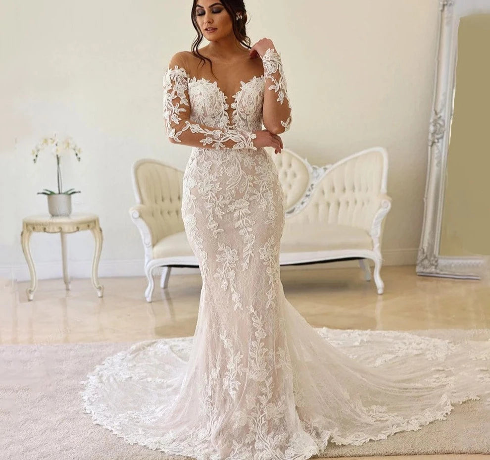 Appliques Sheer Long Sleeve Mermaid Wedding Dress - Divawearfashion