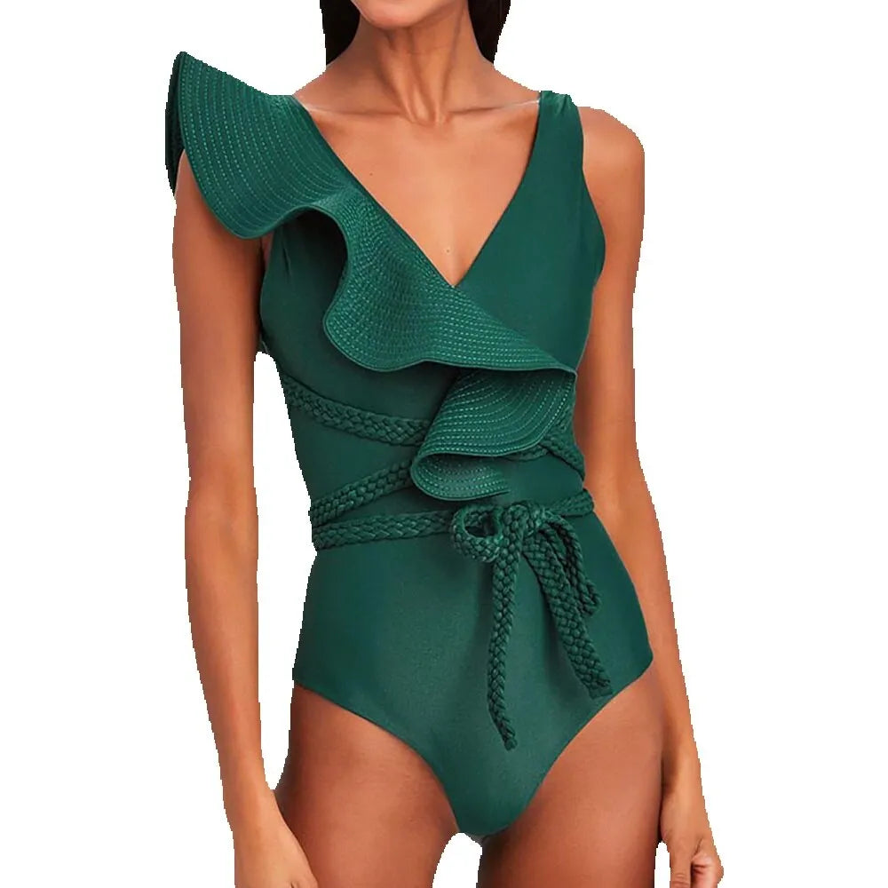 One Piece V Neck Ruffled Bathing Suit  - Divawearfashion