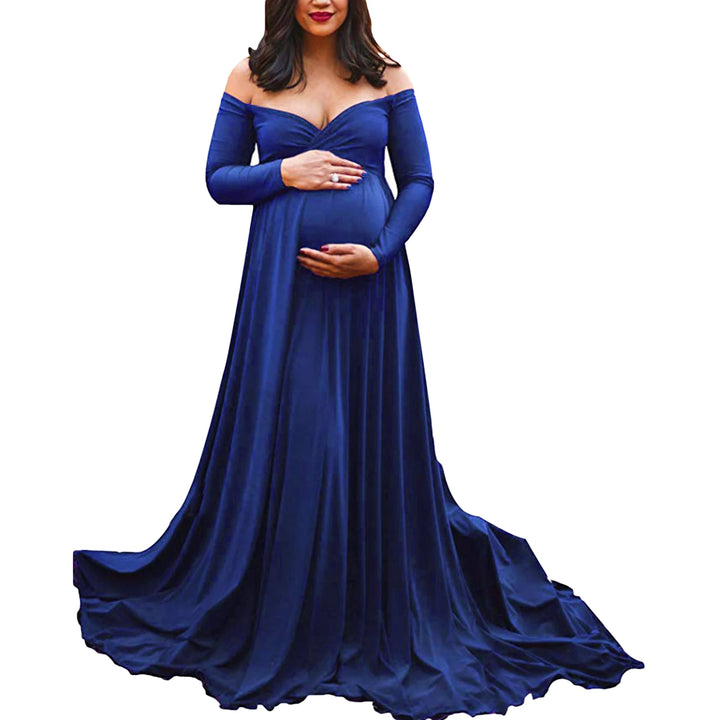 Maternity Off Shoulder Long Sleeve Long Dresses - Divawearfashion