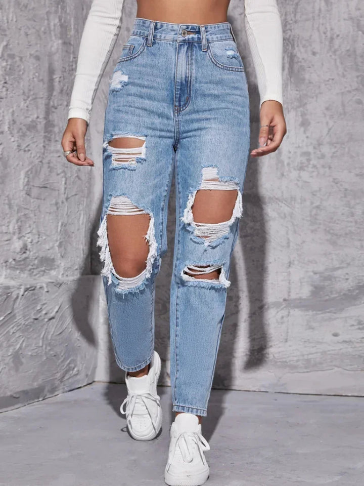 Hole Washing High Waist Jeans - Divawearfashion