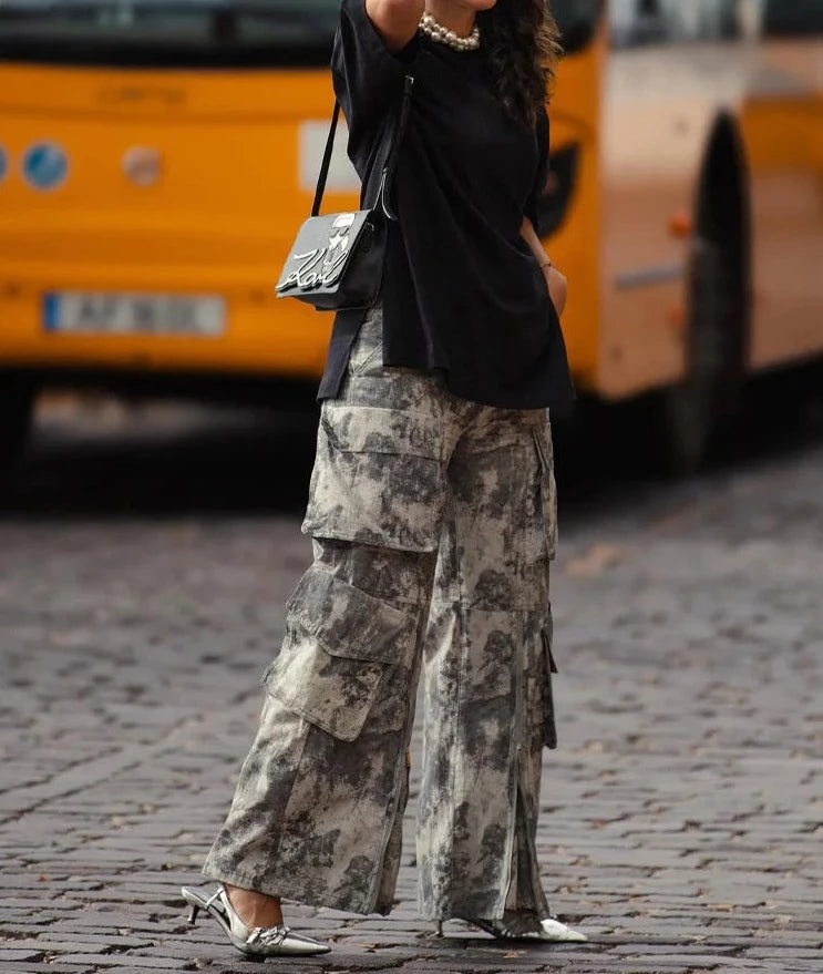 Grey Print With Pocket Cargo Pants - Divawearfashion