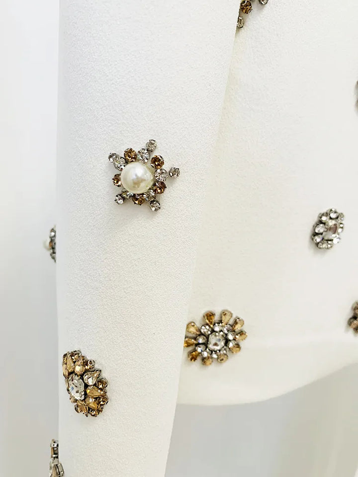 Pearls Diamonds Rhinestone Beaded Trimmed Jacket with Flare Slit Pants Suit - Divawearfashion