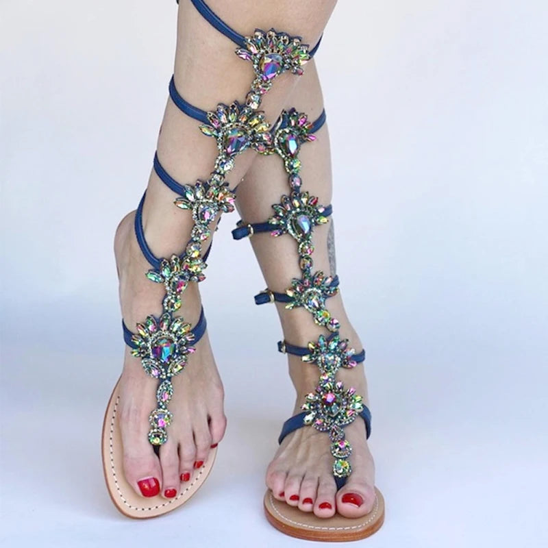 Woman Bohemia Sandal Boots Rhinestone Lady Knee High Boots Thin High Heels Stiletto Crystal Dress Summer Shoes Sandalias - Divawearfashion