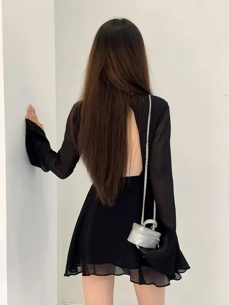 Backless Black Hollow Out Lace-up Long Sleeve Mesh Ruffle Mini Dress - Divawearfashion