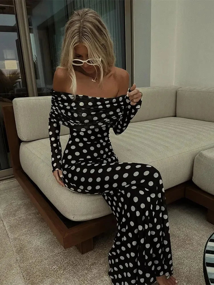 Sexy Polka Dots Print Off Shoulder Slim Fit Dress