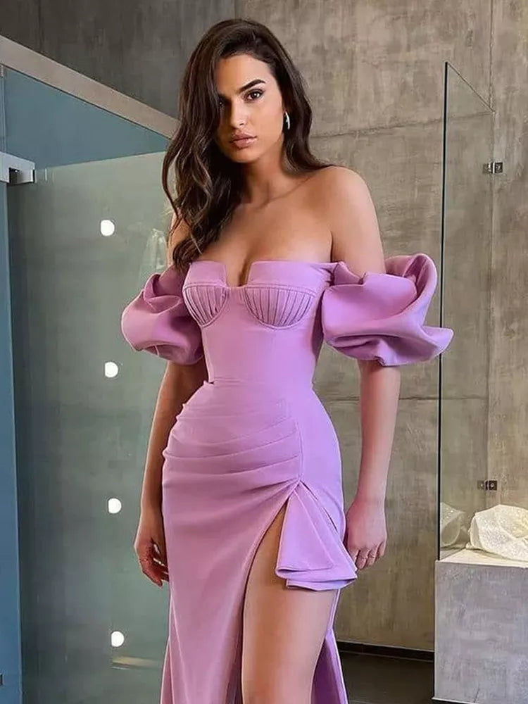 Sexy Off Shoulder Short Sleeve Purple Midi Bodycon Dress - Divawearfashion