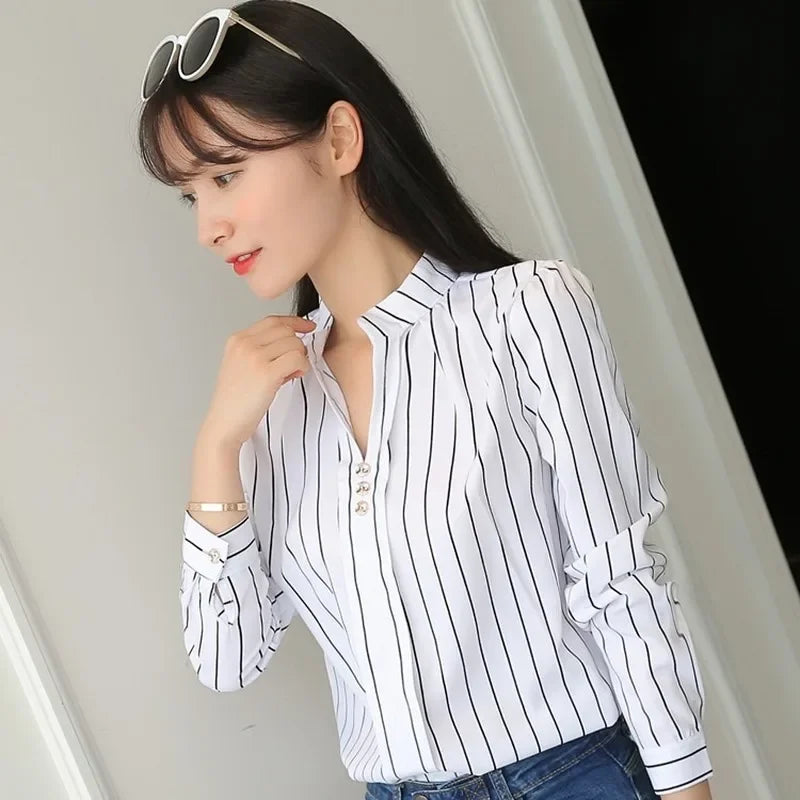 Stripe Print Casual Long Sleeve Shirt - Divawearfashion