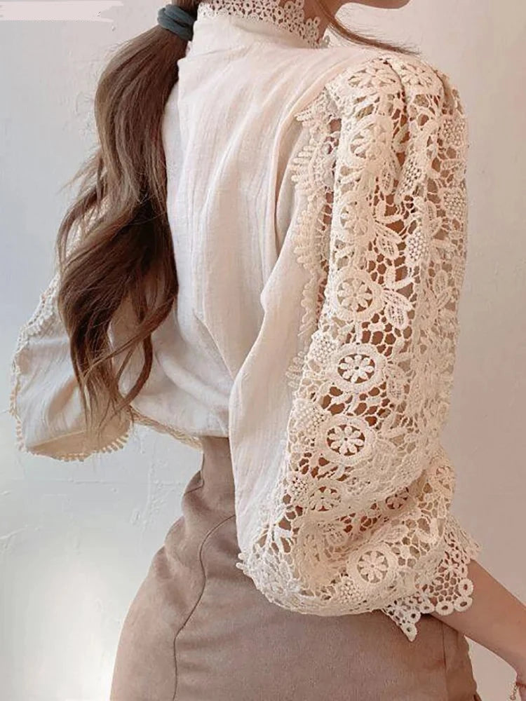 Chiffon Button Up Turtleneck Lace Shirt - Divawearfashion