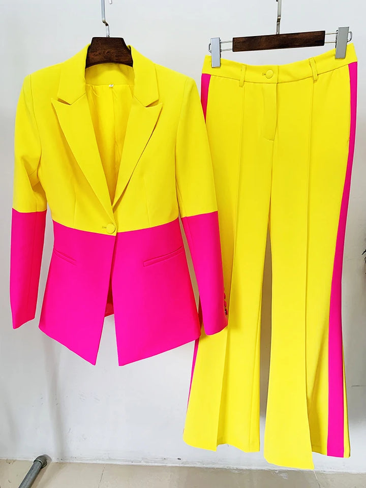 Single Button Color Block Blazer Flare Pants Suit - Divawearfashion