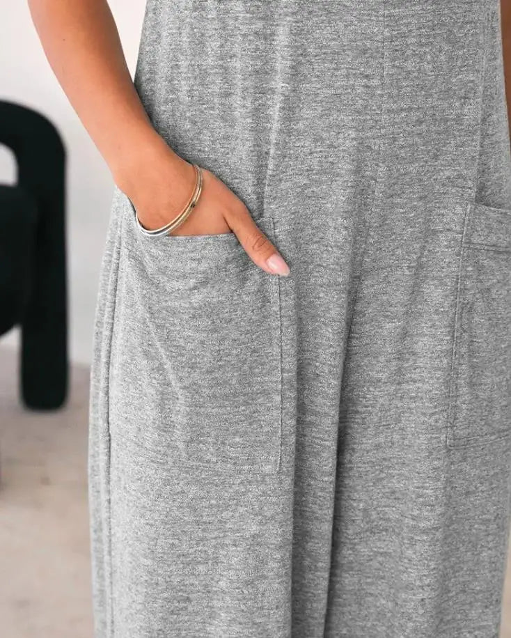 Grey Loose Jumpsuit with Pockets - Divawearfashion