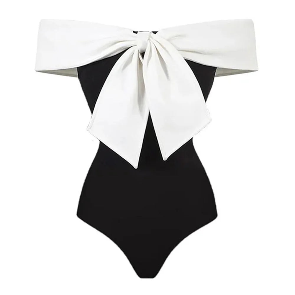 Bow Tie Black & White Retro One Piece Swimsuit with Skirt - Divawearfashion