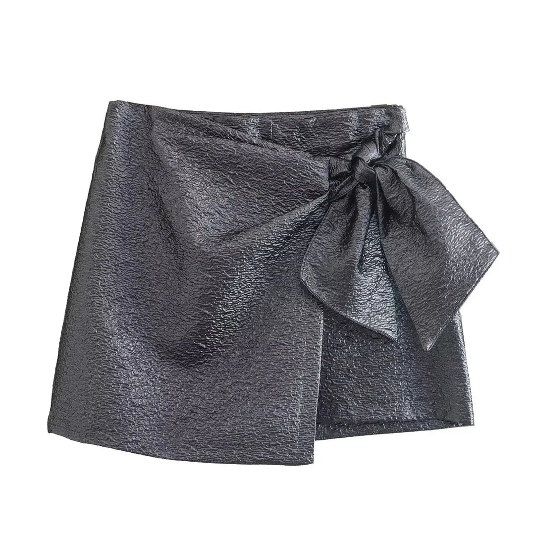 Textured Skort with Bow Knot High-waisted Invisible Side Zipper - Divawearfashion