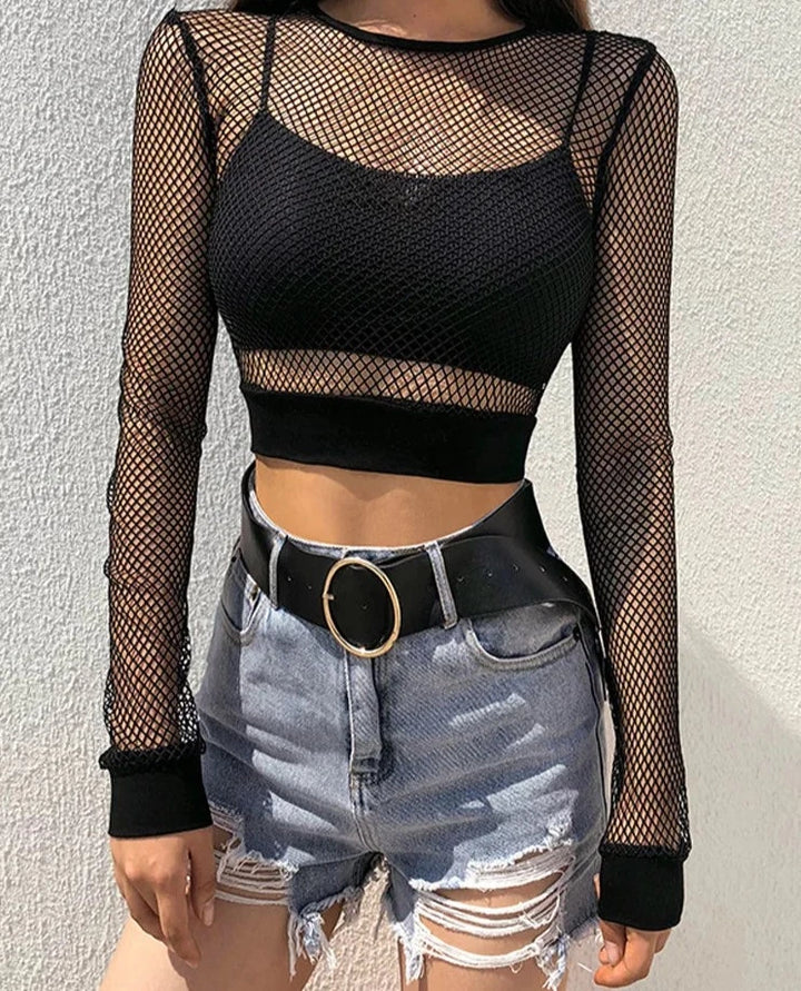 Mesh Crop Hollow Out See Through Long Sleeve Shirts - Divawearfashion