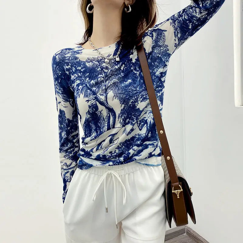 O-Neck Skinny Elegant Women's Floral Elasticity Blouse