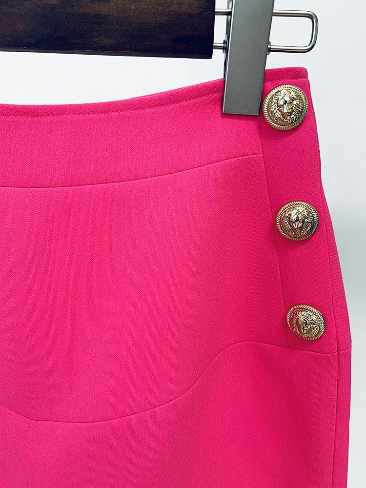 Hot Pink Metal Lion Buttons Mini Skirt  - Divawearfashion