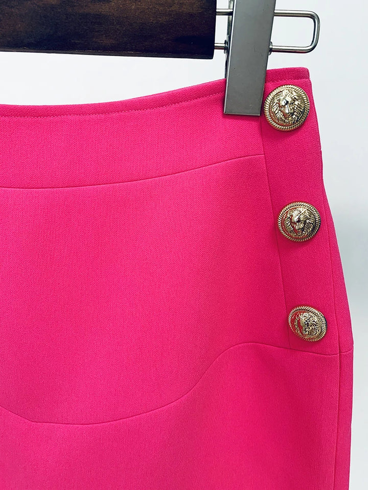 Hot Pink Metal Lion Buttons Mini Skirt  - Divawearfashion