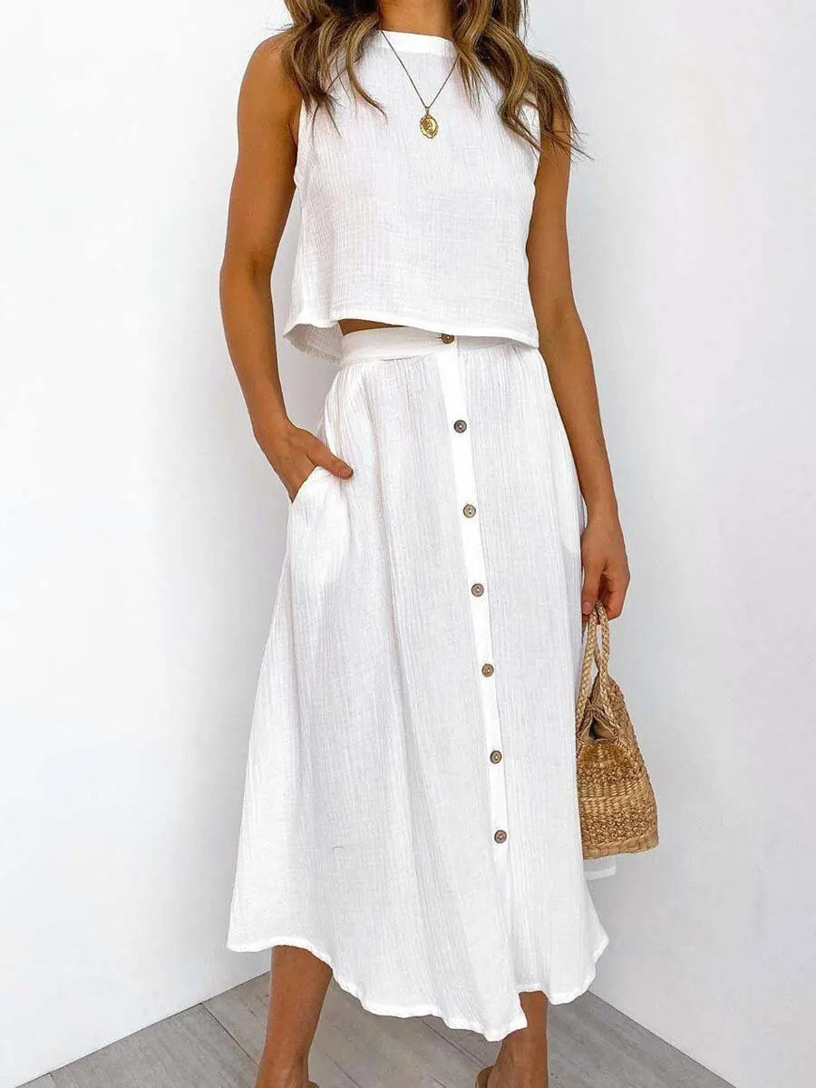 2 PCS Loose Cotton Linen Crop Top & Button Pocket Skirt - Divawearfashion