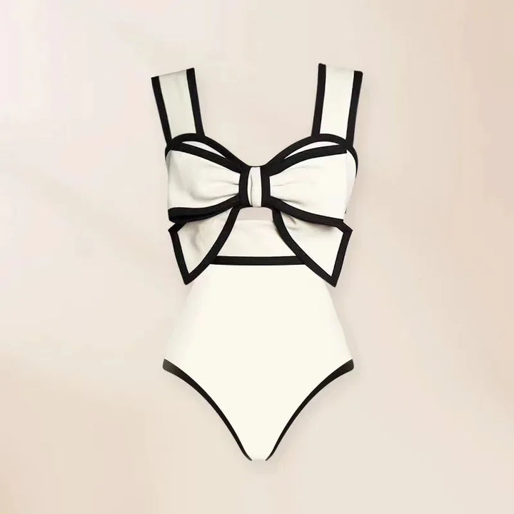 Bow Tie Black & White Retro One Piece Swimsuit with Skirt - Divawearfashion